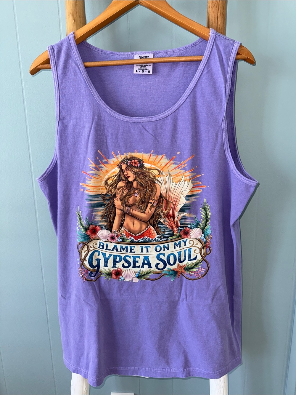 Comfort Colors Lavender Tank Top with Colorful Mermaid Graphic ~ L